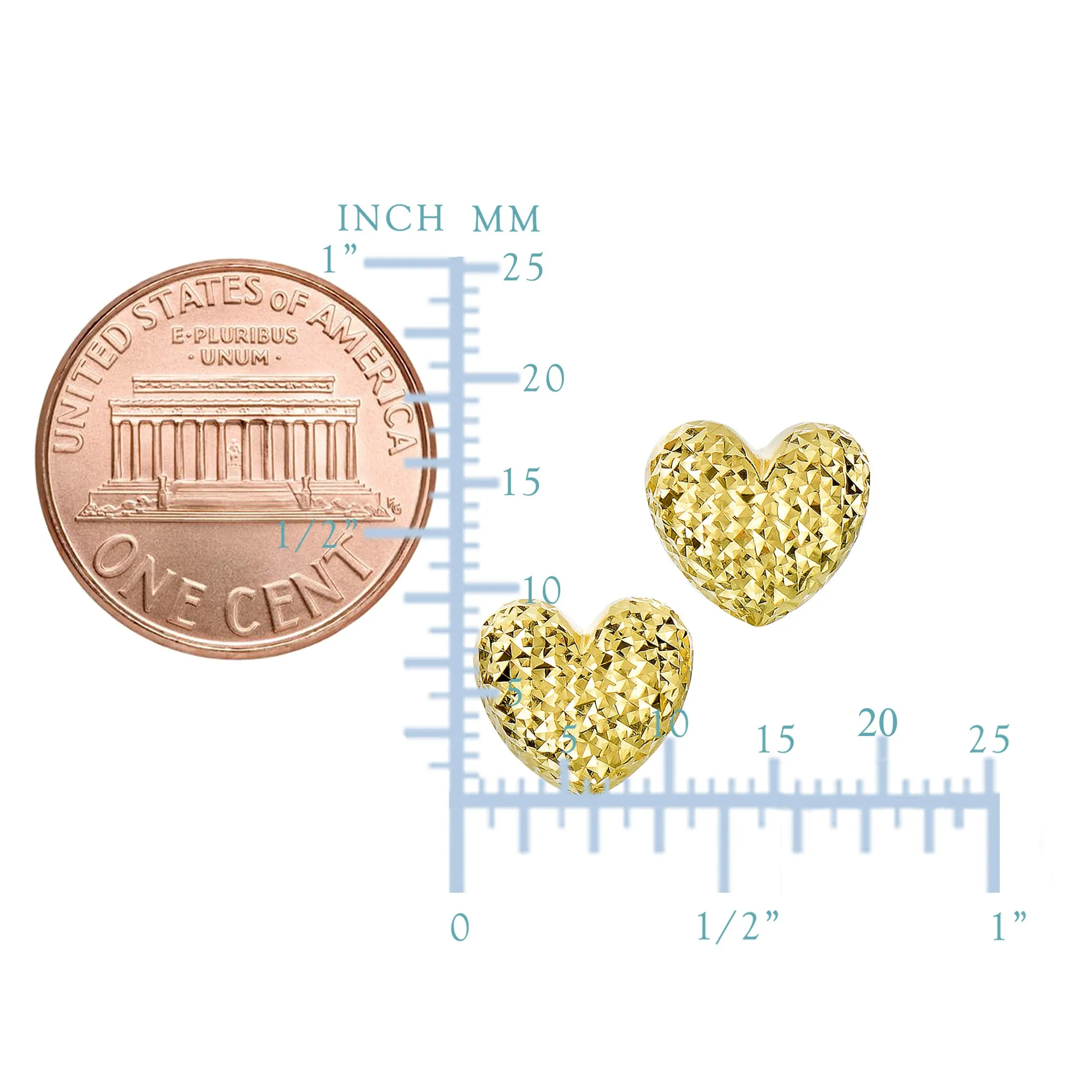 14k Gold Diamond Cut Puffy Heart Stud Earrings, 10 x 11mm