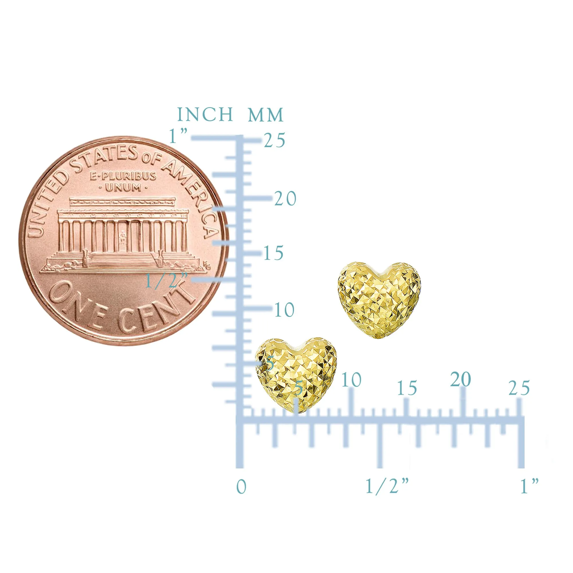 14k Gold Diamond Cut Puffy Heart Stud Earrings, 7 x 8mm