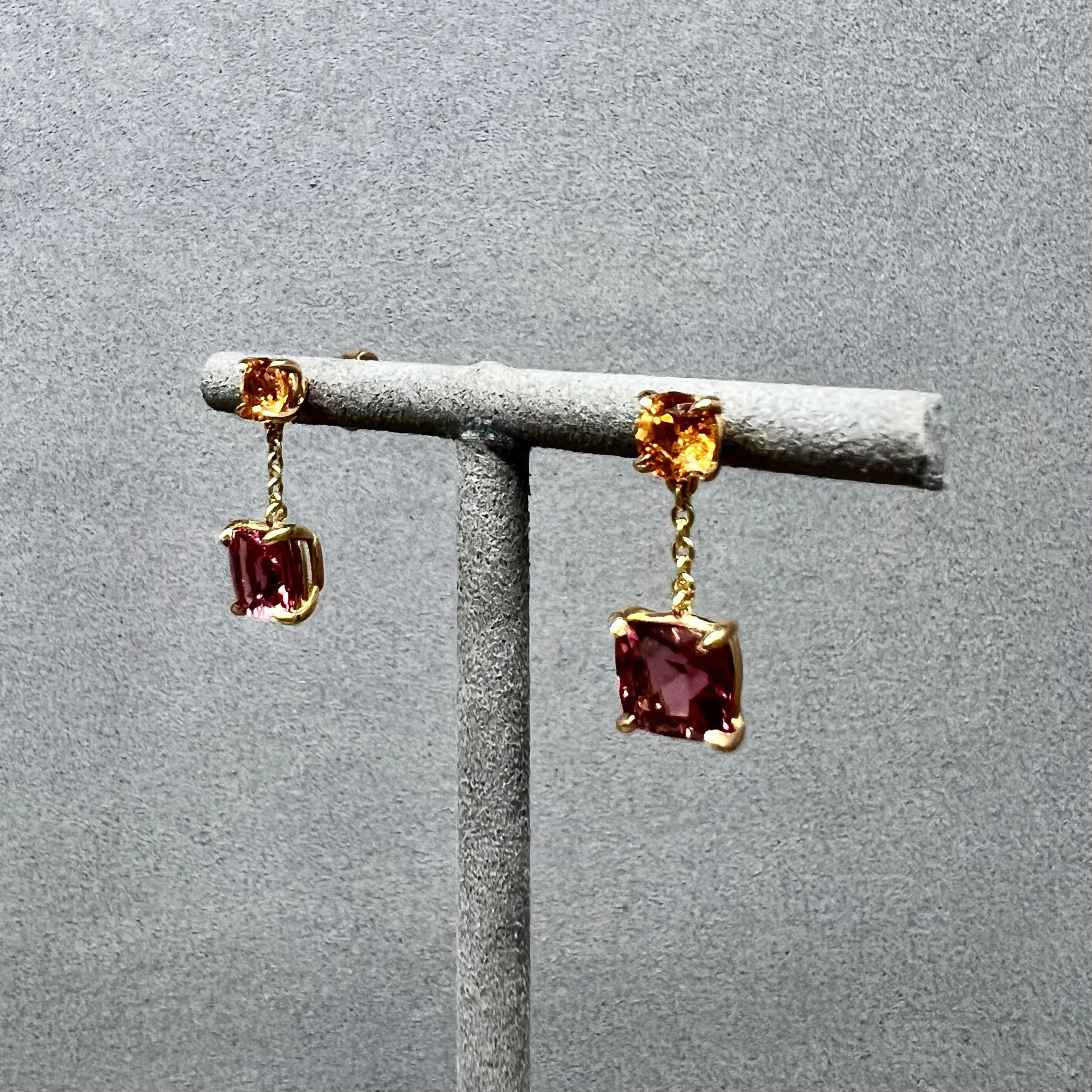 14kt Rose Gold Yellow Garnet and Pink Tourmaline Drop Earrings