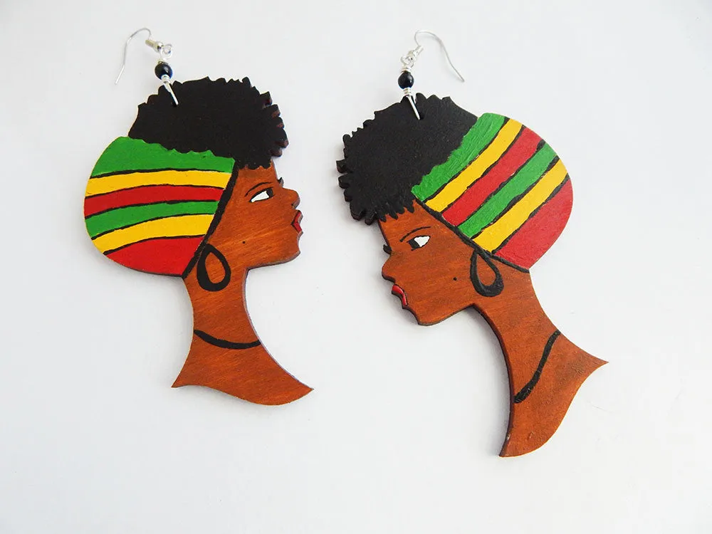 African Earrings Rasta Women Afro Natural Hair Jewelry Afrocentric Wooden Ethnic Red Green Yellow