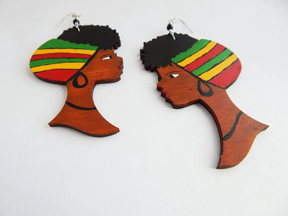 African Earrings Rasta Women Afro Natural Hair Jewelry Afrocentric Wooden Ethnic Red Green Yellow