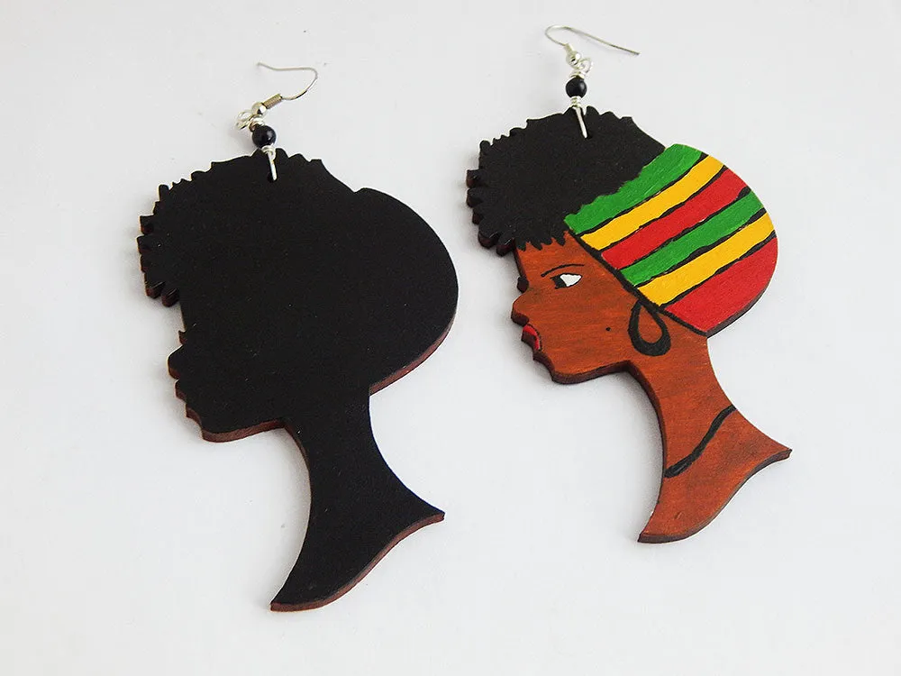 African Earrings Rasta Women Afro Natural Hair Jewelry Afrocentric Wooden Ethnic Red Green Yellow