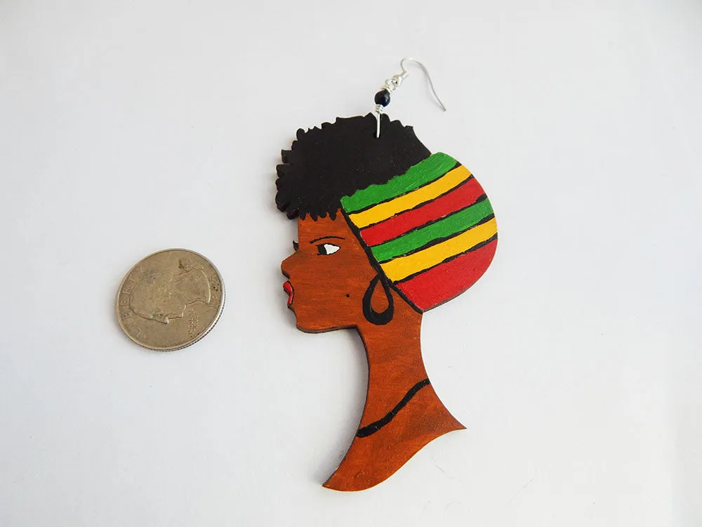 African Earrings Rasta Women Afro Natural Hair Jewelry Afrocentric Wooden Ethnic Red Green Yellow