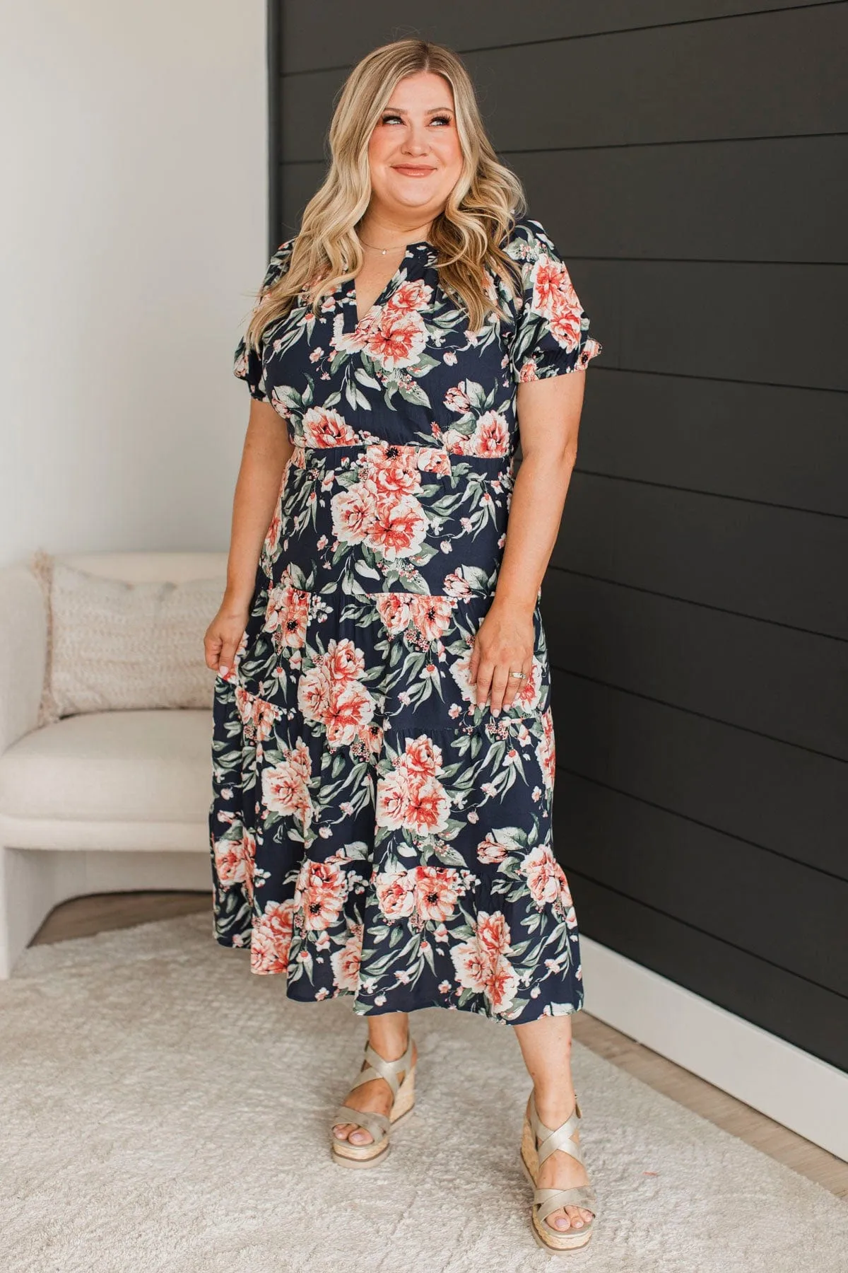 All I'm looking For Floral Midi Dress- Dark Navy