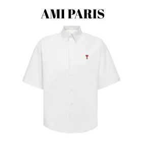 AMI PARIS  |Plain Cotton Short Sleeves Logo Front Button Designers