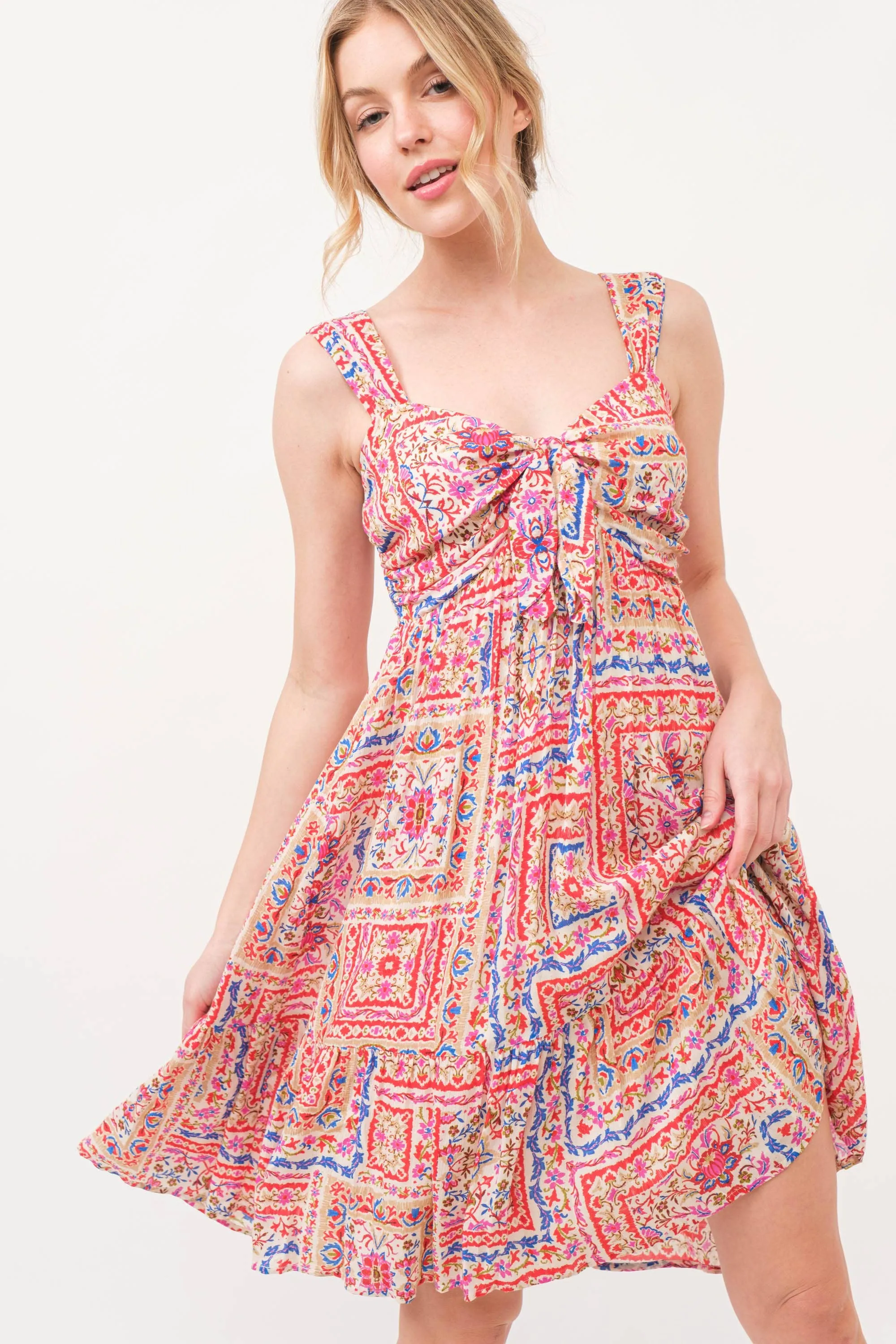 AND THE WHY - ATW15710 - Tied Front Smocked Back Tiered Boho Printed Dress: RED MULTI / L