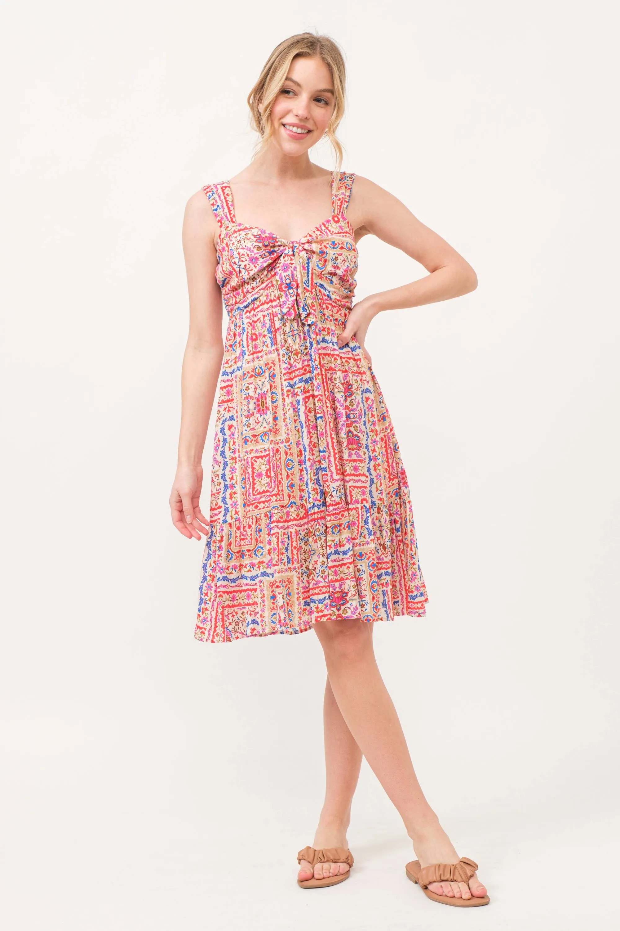 AND THE WHY - ATW15710 - Tied Front Smocked Back Tiered Boho Printed Dress: RED MULTI / L