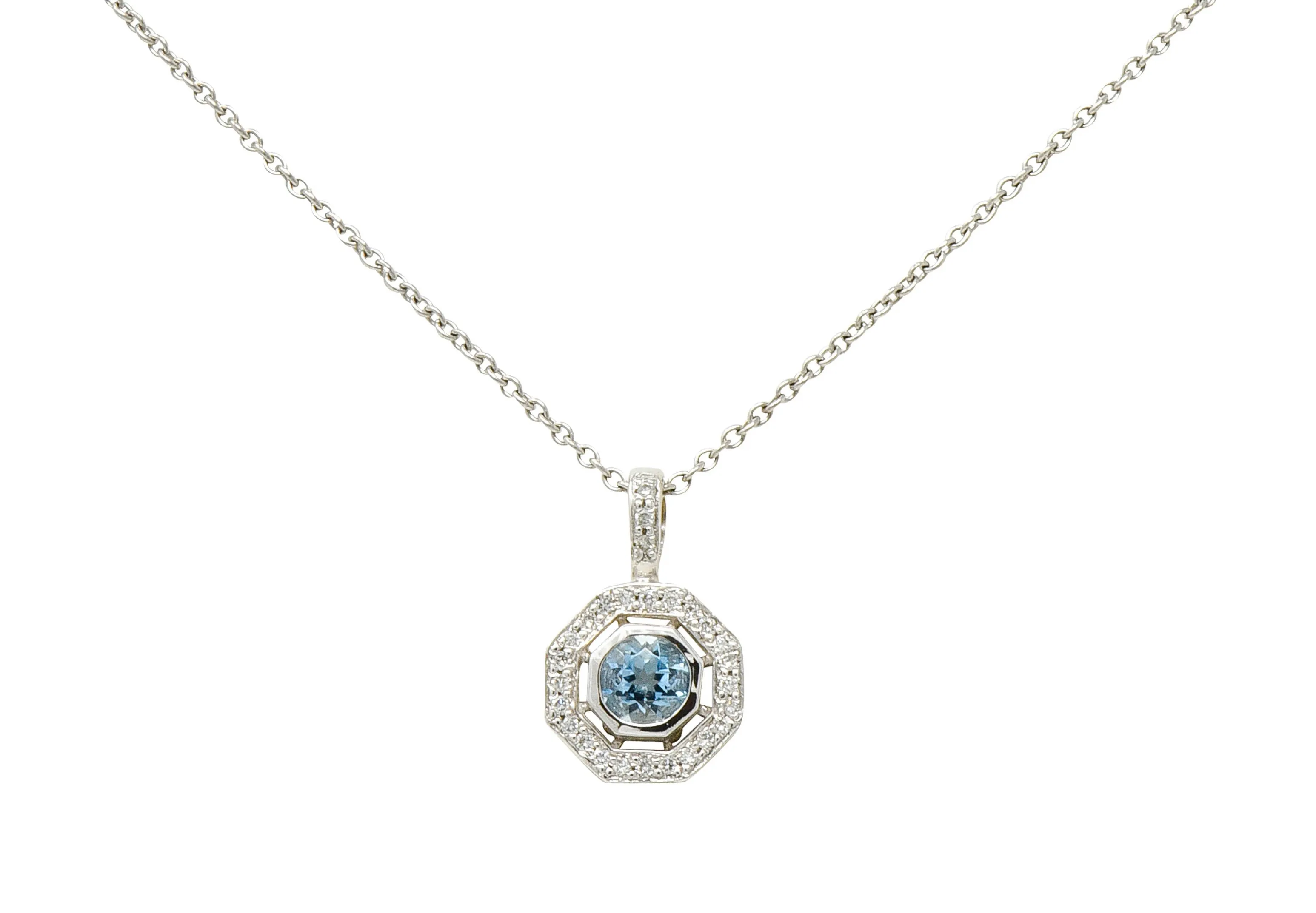 Aquamarine Diamond 18 Karat White Gold Octagonal Pendant Necklace