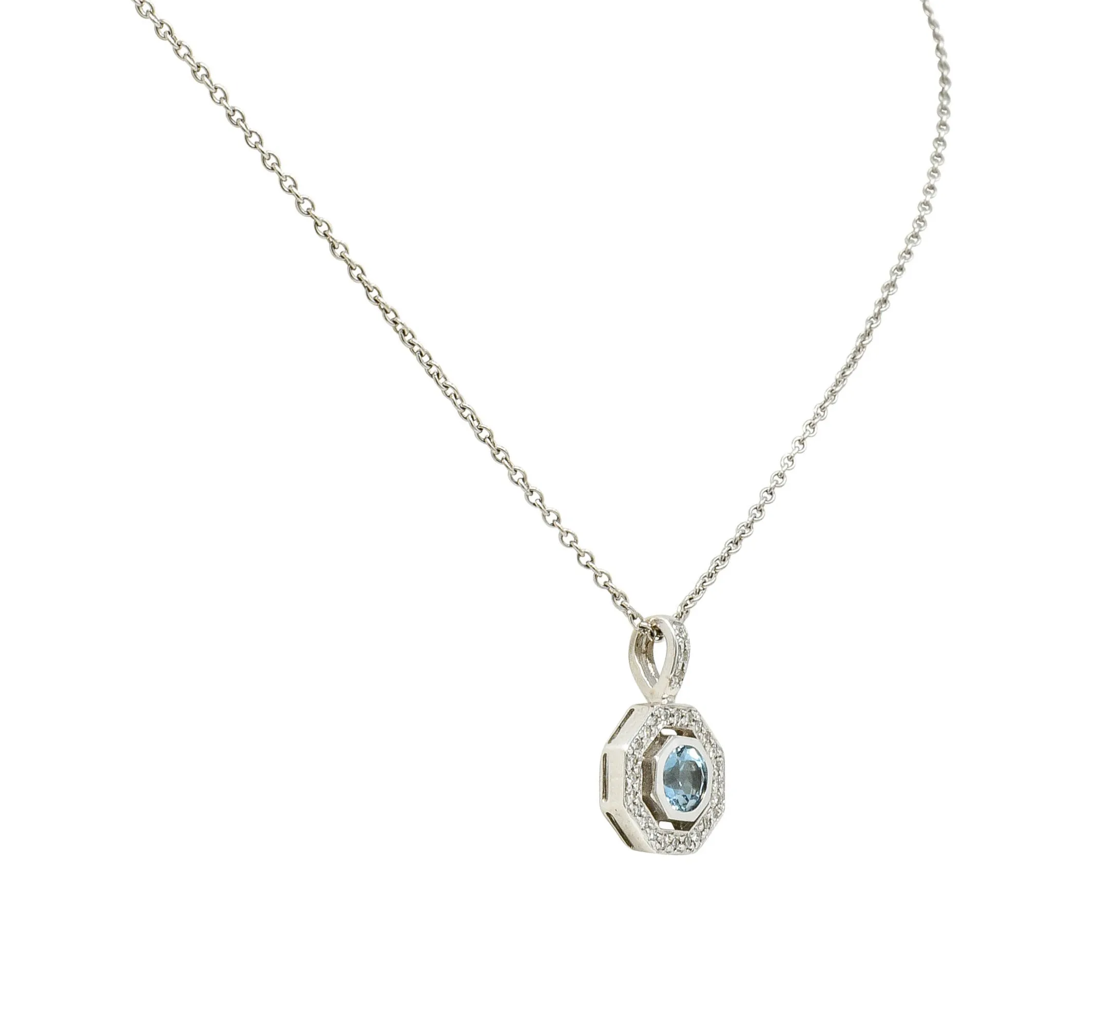 Aquamarine Diamond 18 Karat White Gold Octagonal Pendant Necklace