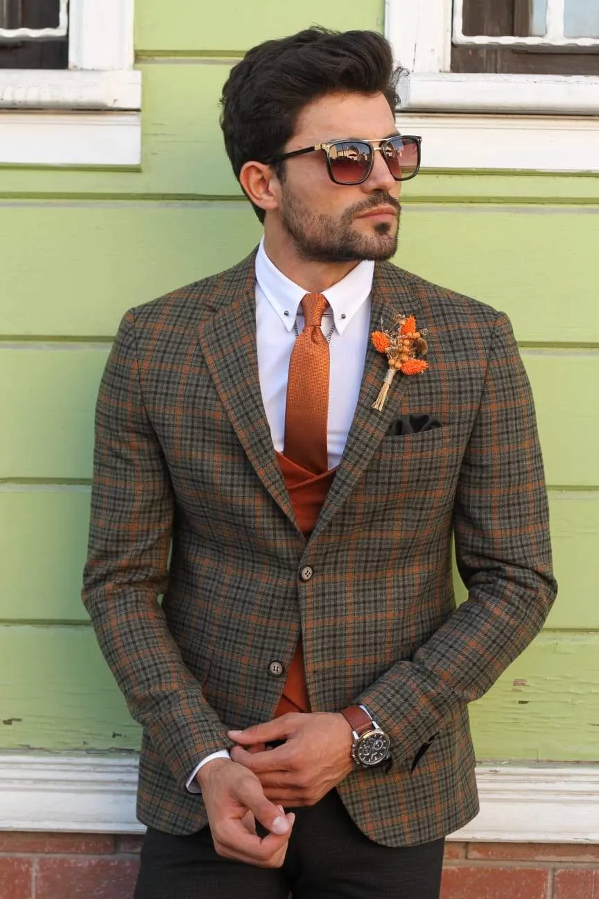 Bando Slim-Fit Wool Plaid Jacket Khaki