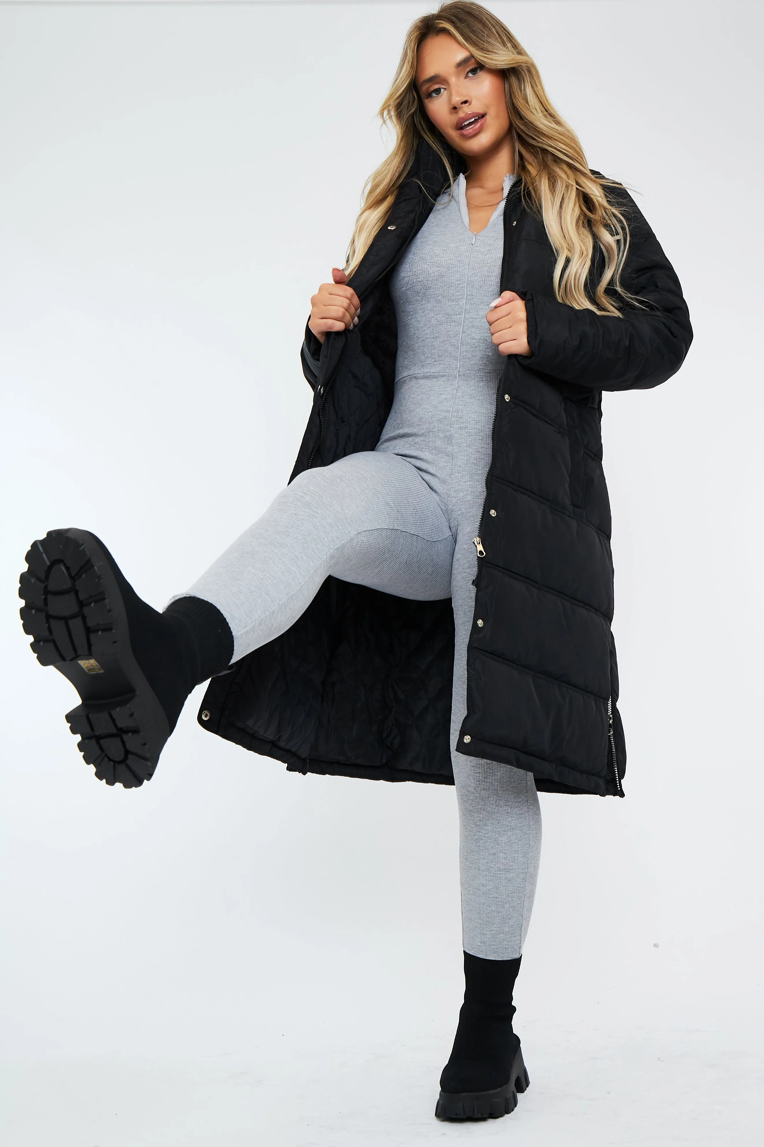 Black Zip Hem Longline Puffer Coat - Vonnie