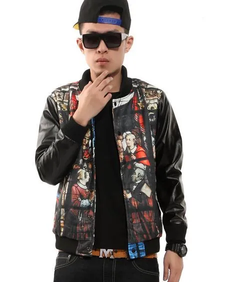 Bomber Jacket with Leather Sleeves and Virgin Mary Print Bimaterial