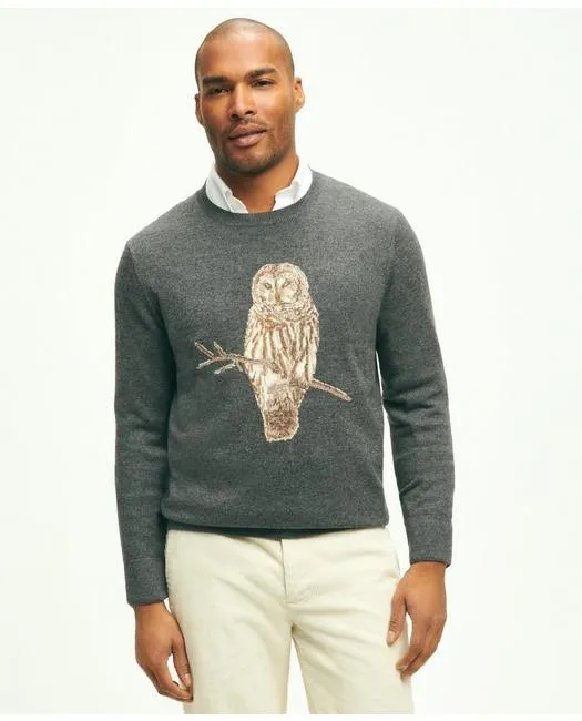 Brooks Brothers Men's Merino Wool Cashmere Owl Intarsia Sweater Brown