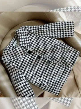 Chic Black and White Patterned Girls' Long Coat