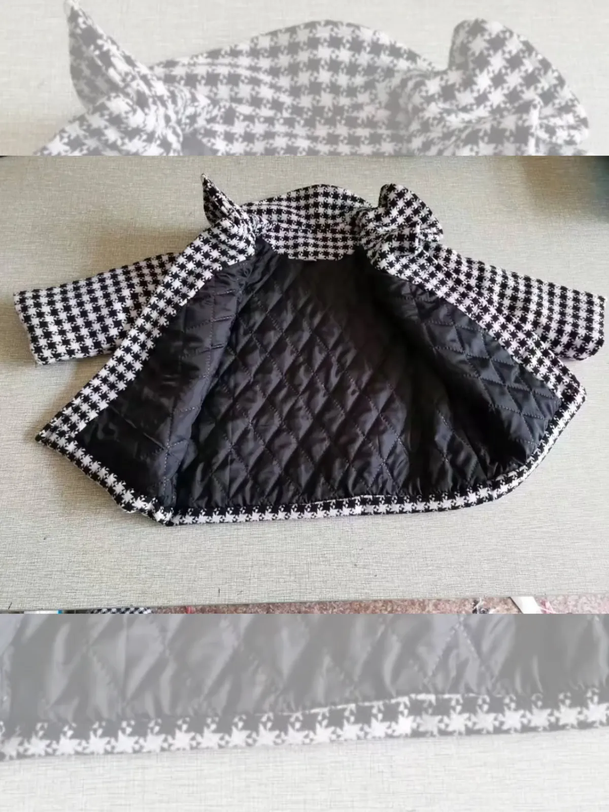 Chic Black and White Patterned Girls' Long Coat