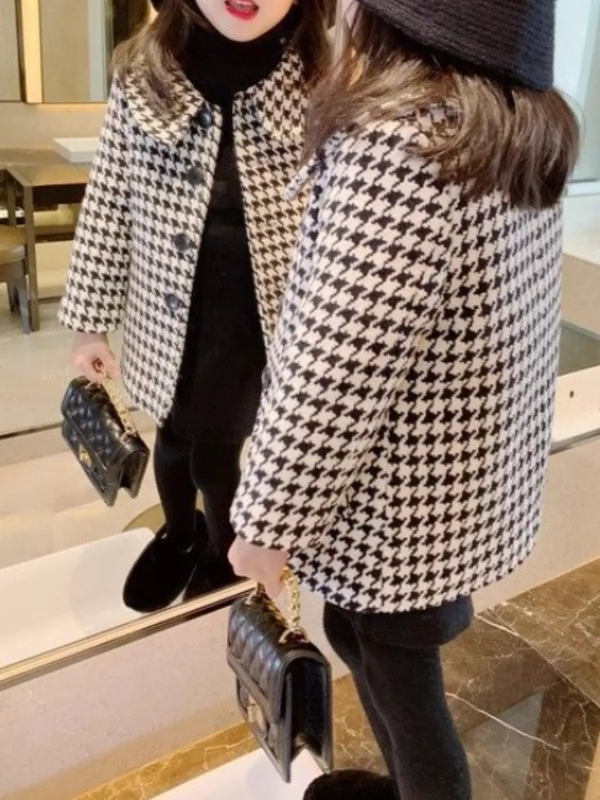 Chic Black and White Patterned Girls' Long Coat