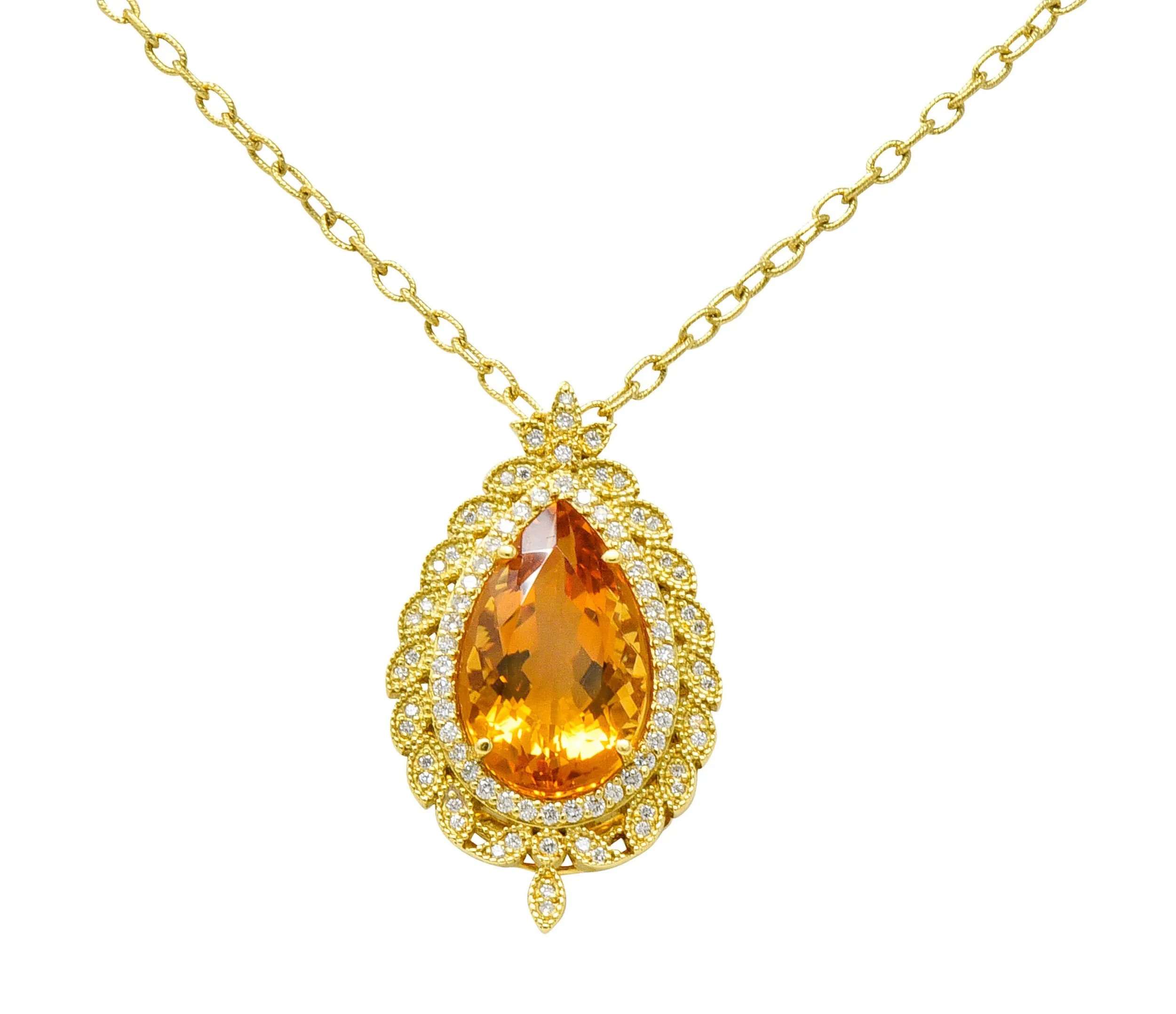 Citrine 1.05 CTW Diamond 18 Karat Gold Foliate Cluster Pendant Necklace