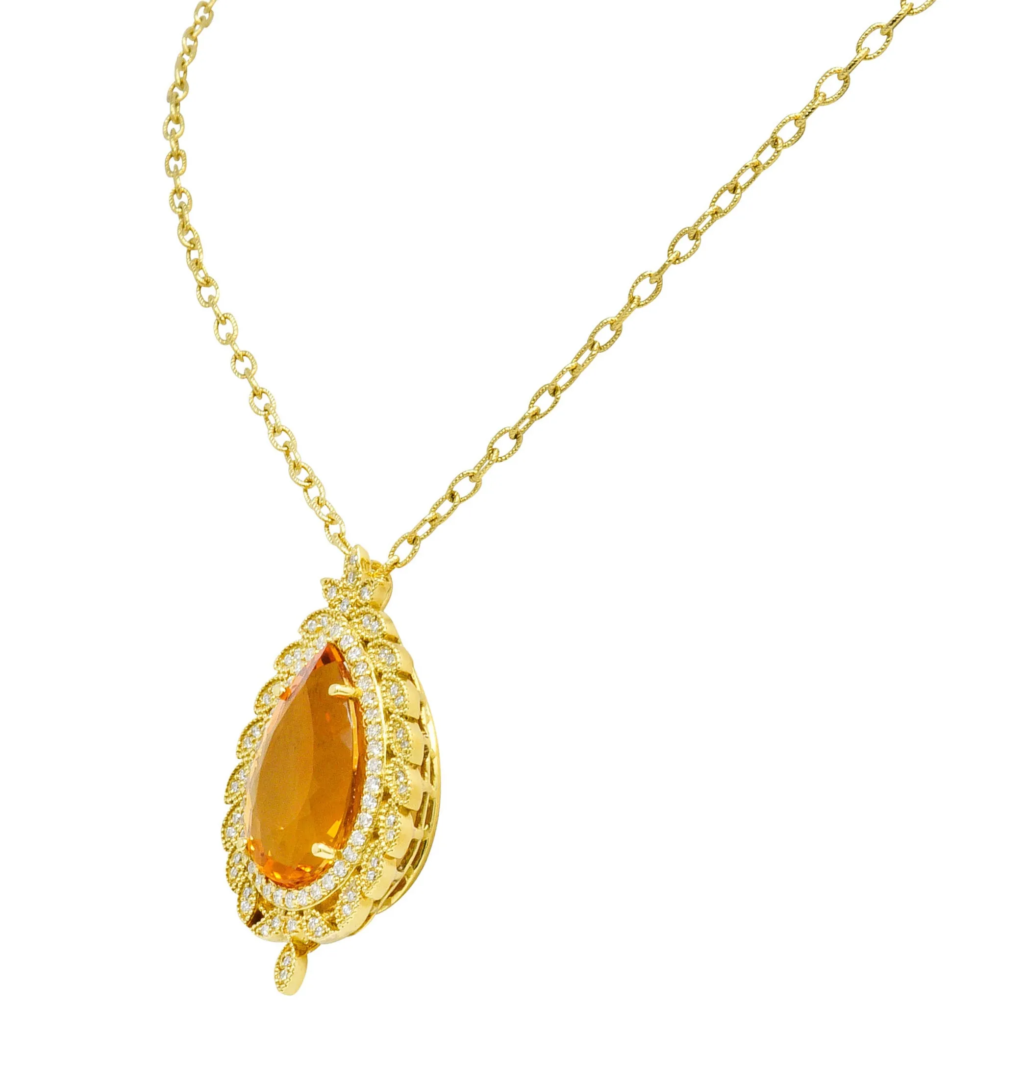 Citrine 1.05 CTW Diamond 18 Karat Gold Foliate Cluster Pendant Necklace