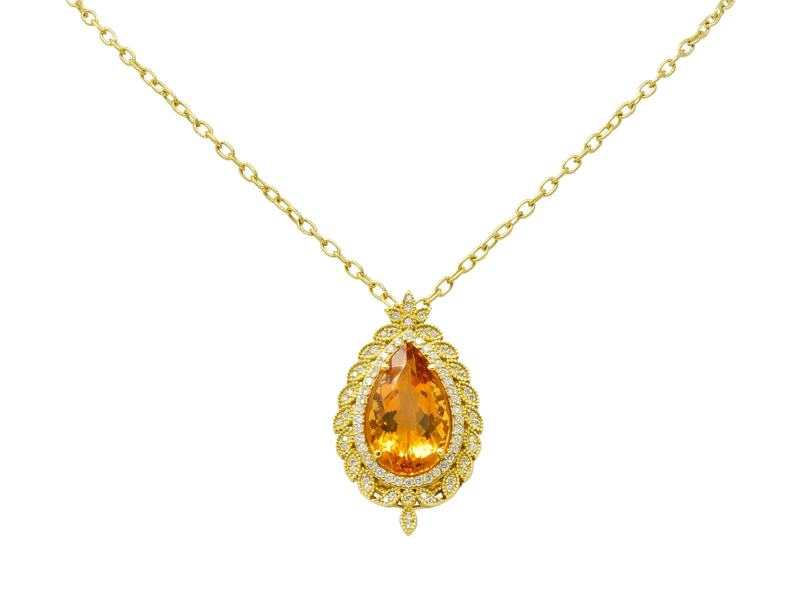 Citrine 1.05 CTW Diamond 18 Karat Gold Foliate Cluster Pendant Necklace