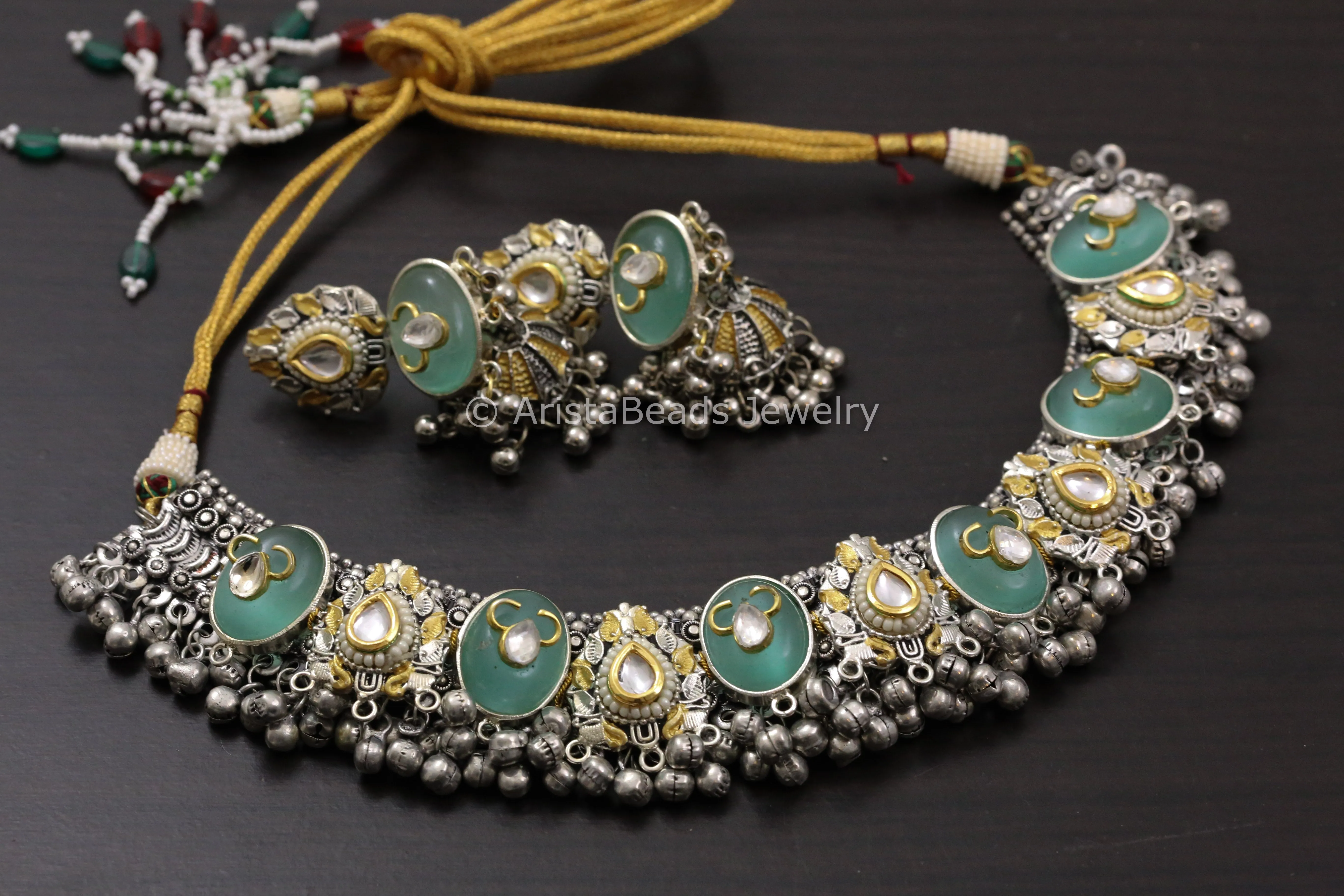 Contemporary Dual Tone Designer Kundan Necklace Set - Mint