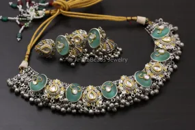 Contemporary Dual Tone Designer Kundan Necklace Set - Mint