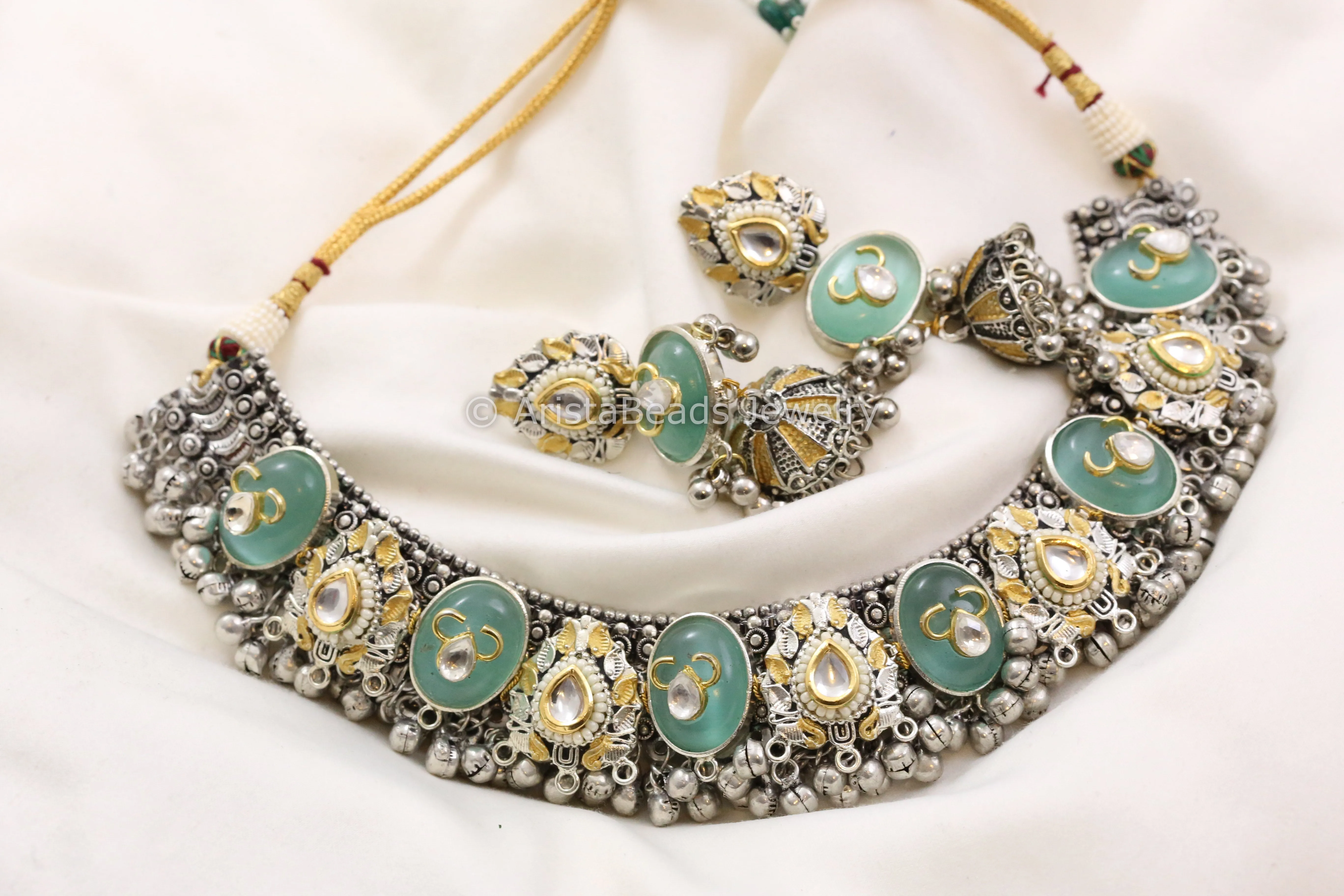 Contemporary Dual Tone Designer Kundan Necklace Set - Mint