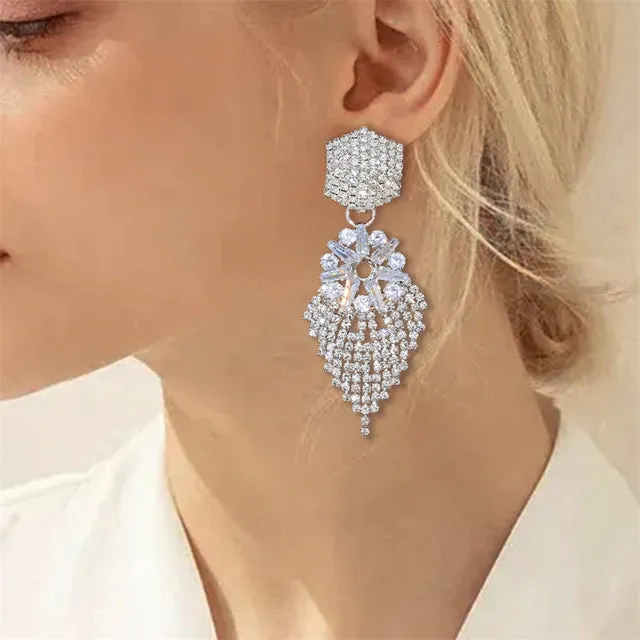 Cross border Fashion Rhinestone Earrings Shiny Versatile Geometric Long Tassel Earrings