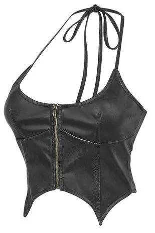 Crystal Halter Faux Leather Bustier Zipper Crop Top