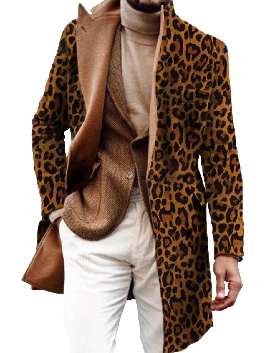 Fashion Leopard Pattern Lapel Collar Single Breasted Long Coat