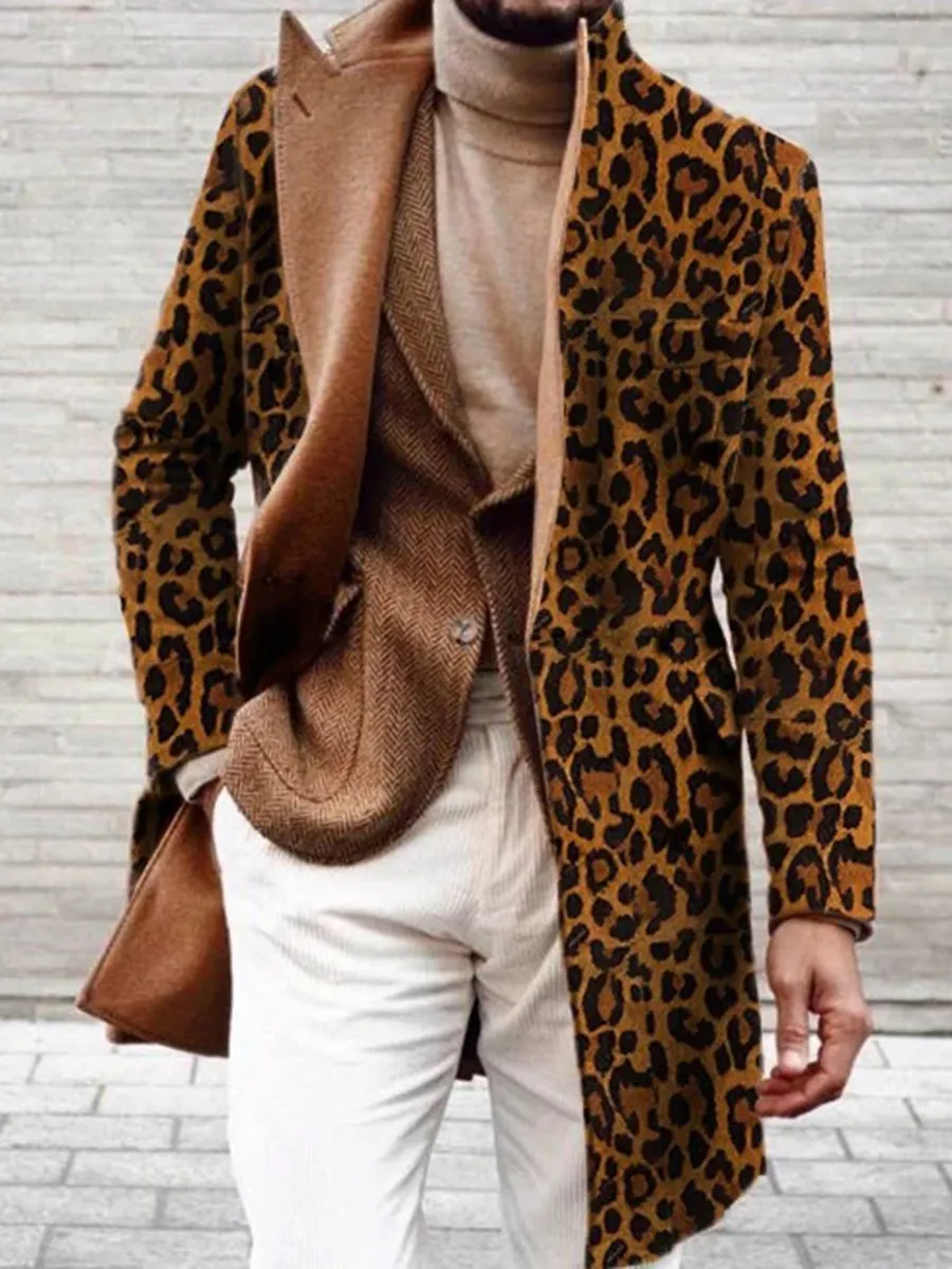 Fashion Leopard Pattern Lapel Collar Single Breasted Long Coat