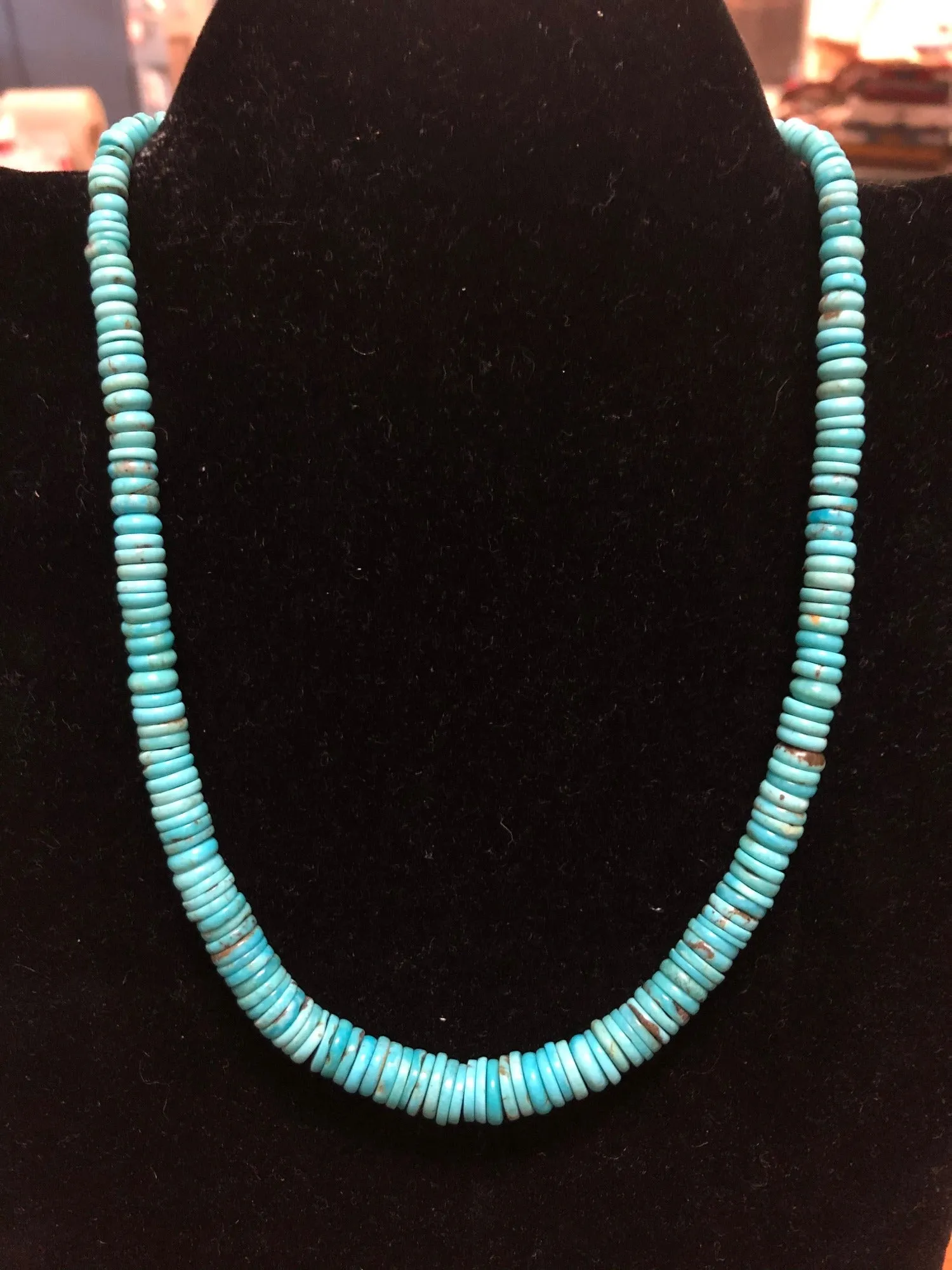 Graduated natural turquoise rondell necklace I 18”. Collector’s piece A.S.  Z-1003