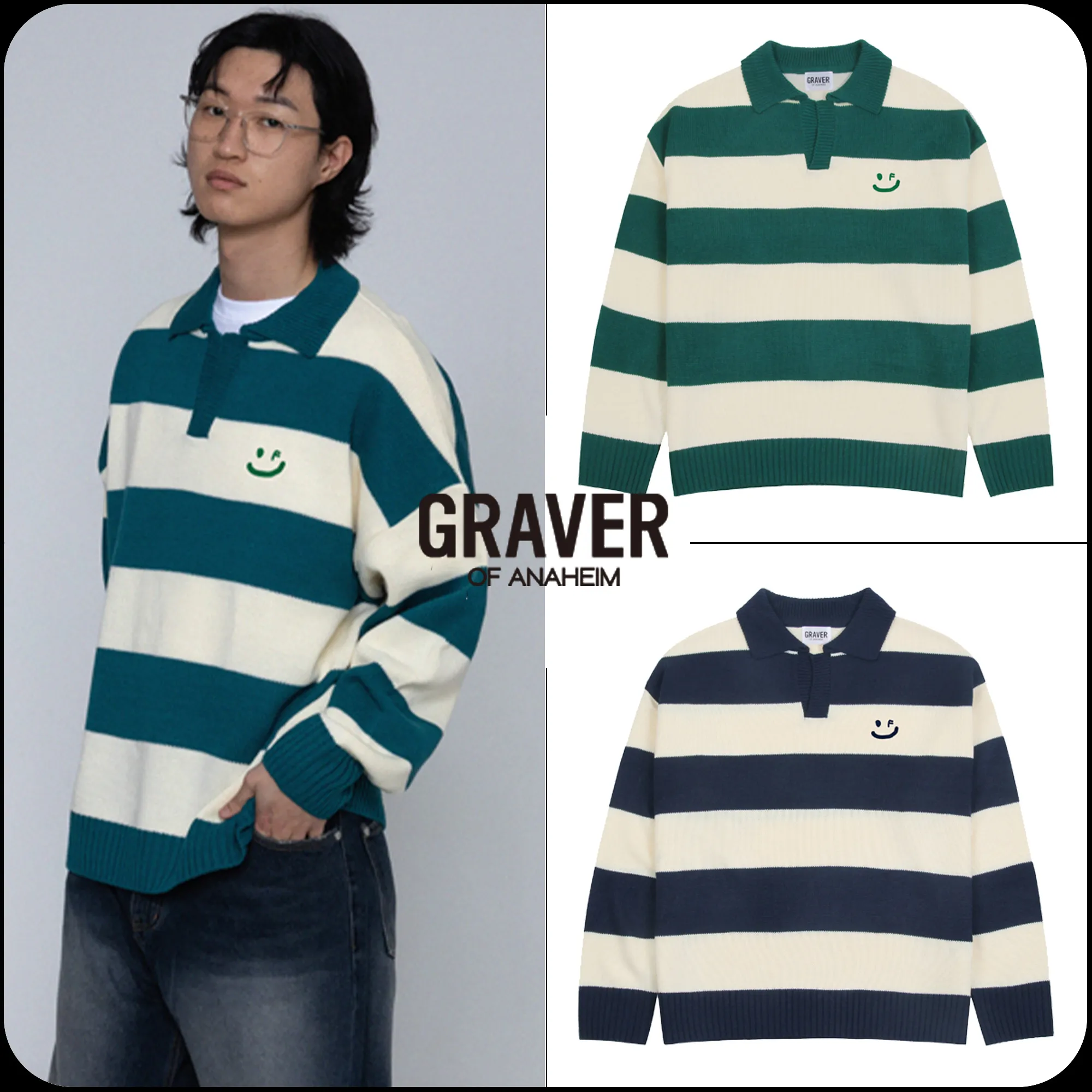 GRAVER  |[GRAVER]★DRAWING SMILE STRIPED COLLAR KNIT