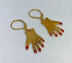 Hand Earrings, Red Fingernail Earrings