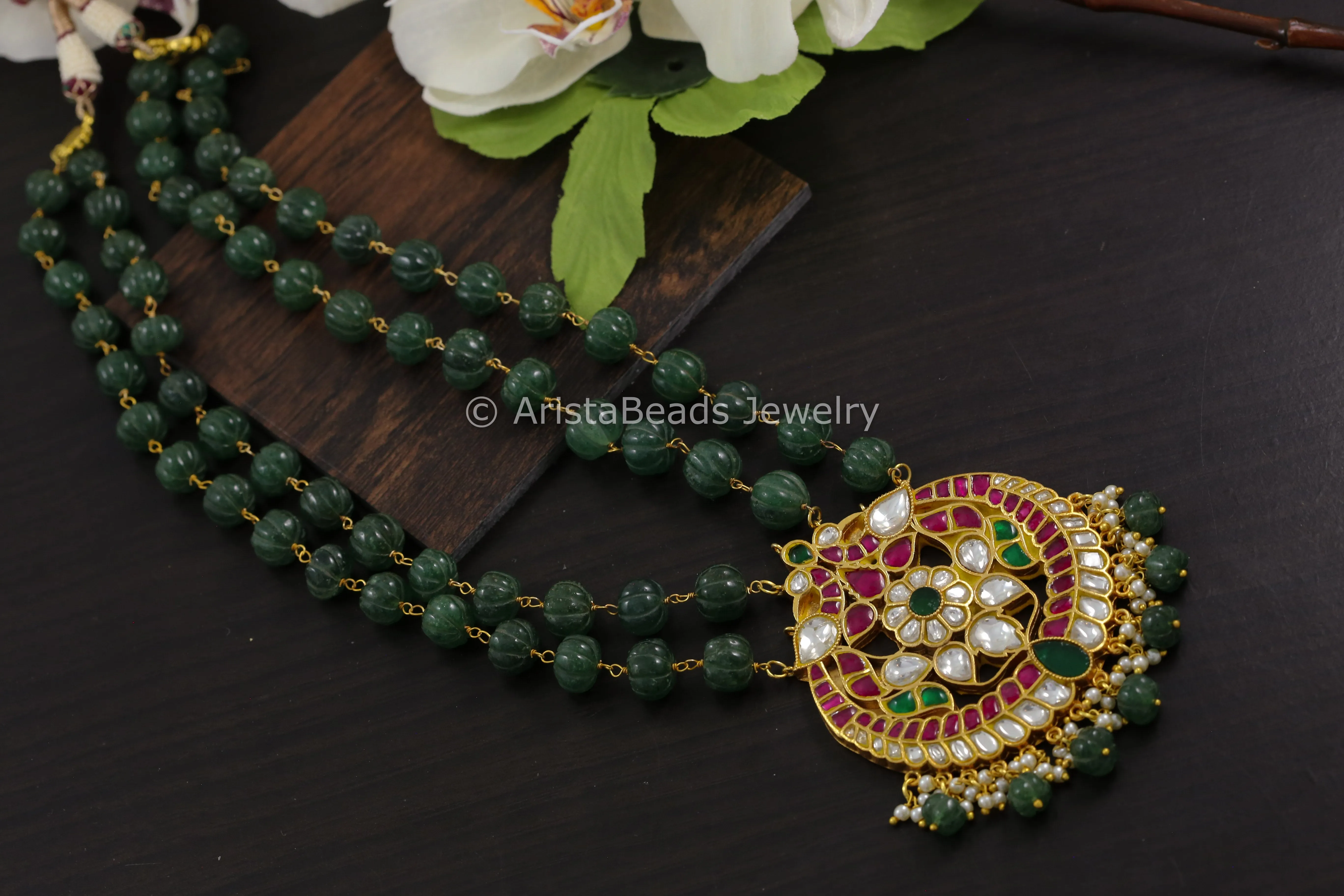 Jadau Kundan Necklace In Real Strawberry Quartz Beads