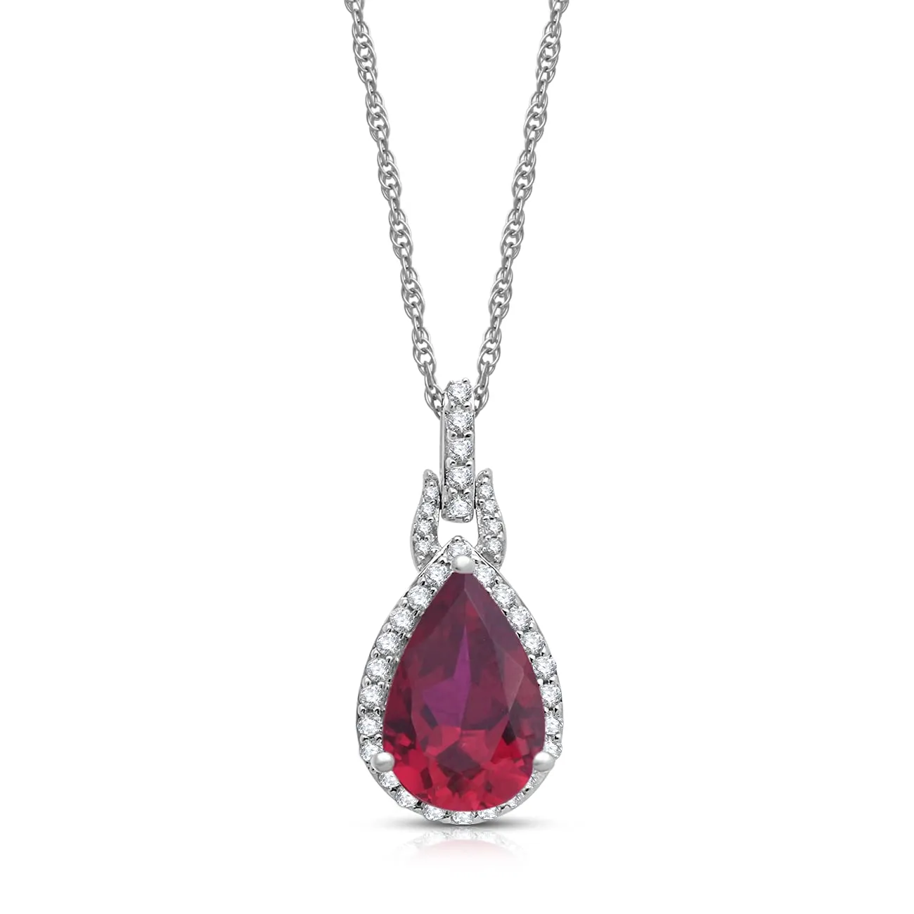 Jewelili 10K White Gold With Created Ruby and Created White Sapphire with Natural White Diamonds Teardrop Pendant Necklace