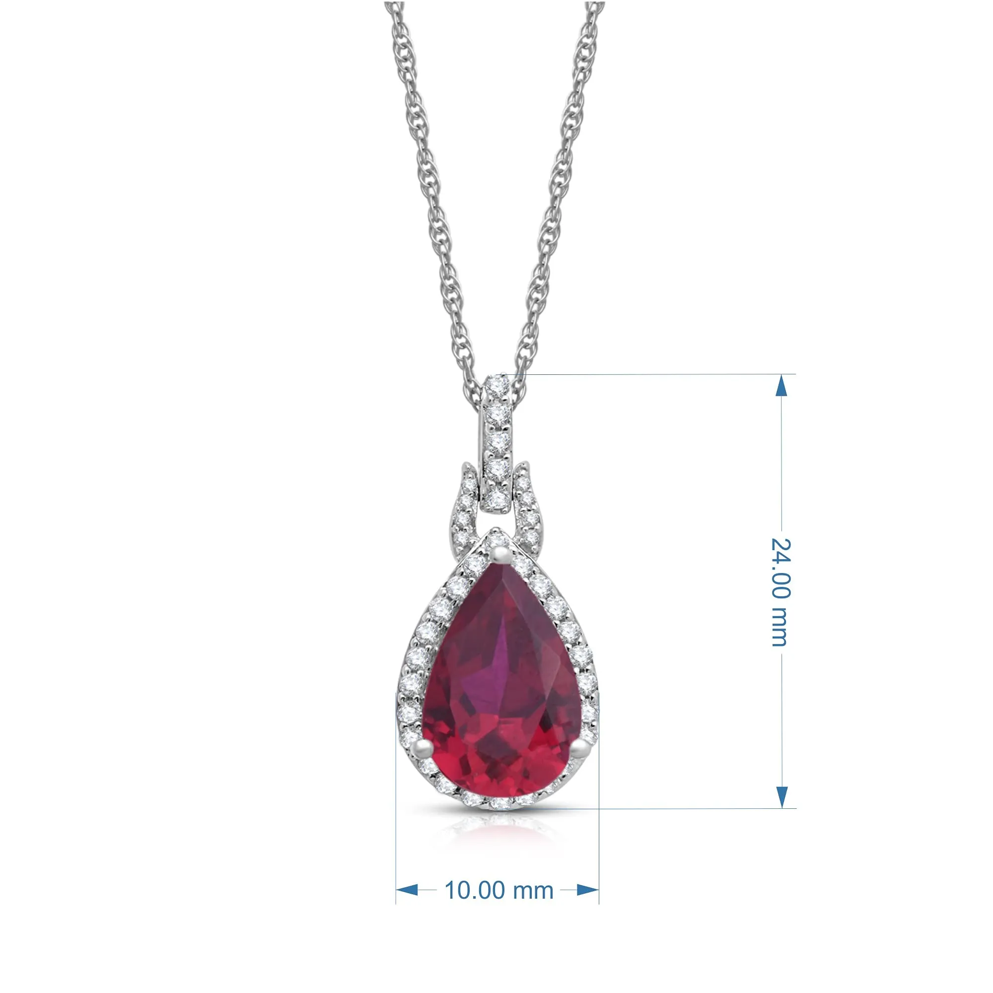 Jewelili 10K White Gold With Created Ruby and Created White Sapphire with Natural White Diamonds Teardrop Pendant Necklace