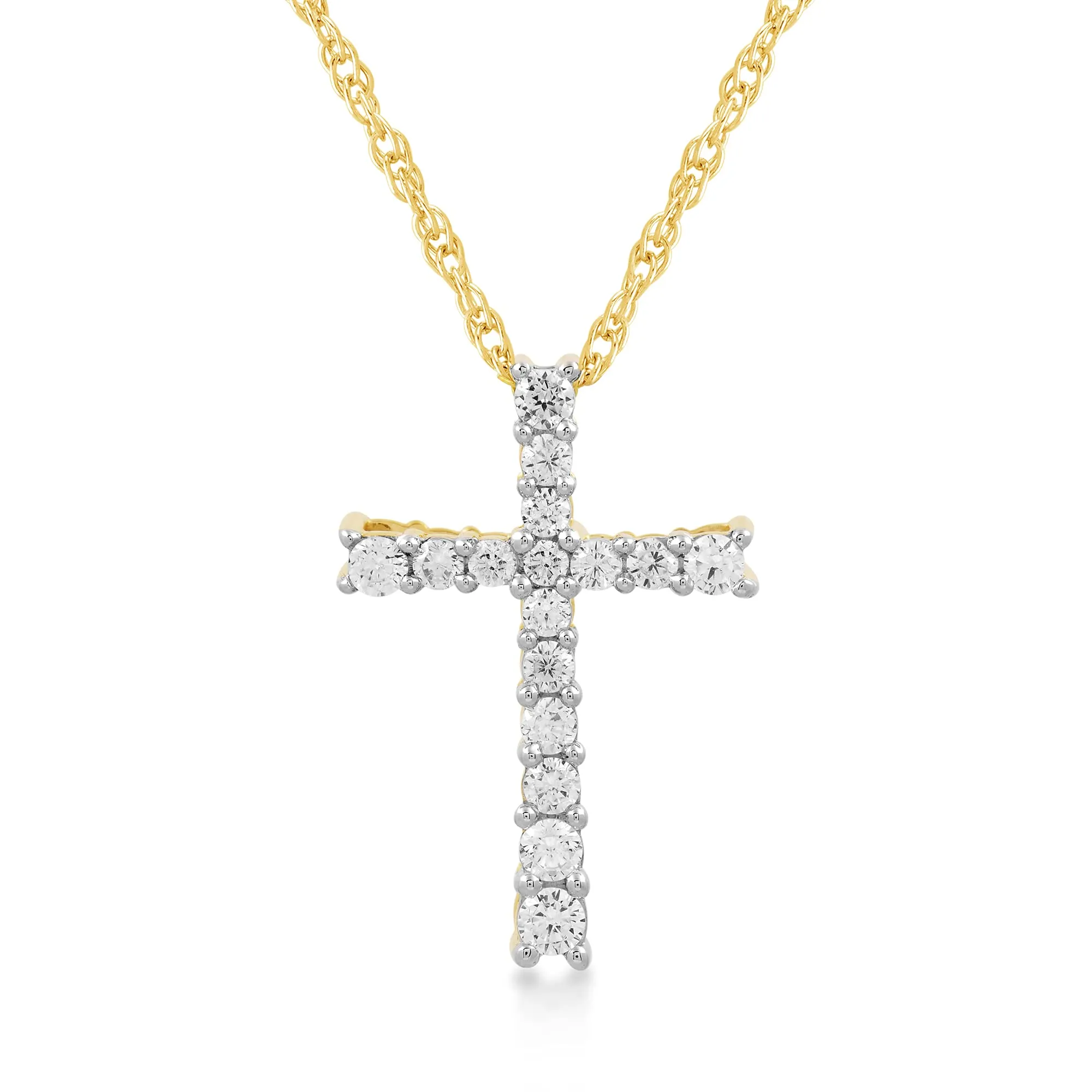 Jewelili 10K Yellow Gold With 1/2 CTTW Natural White Round Diamonds Cross Pendant Necklace