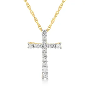 Jewelili 10K Yellow Gold With 1/2 CTTW Natural White Round Diamonds Cross Pendant Necklace