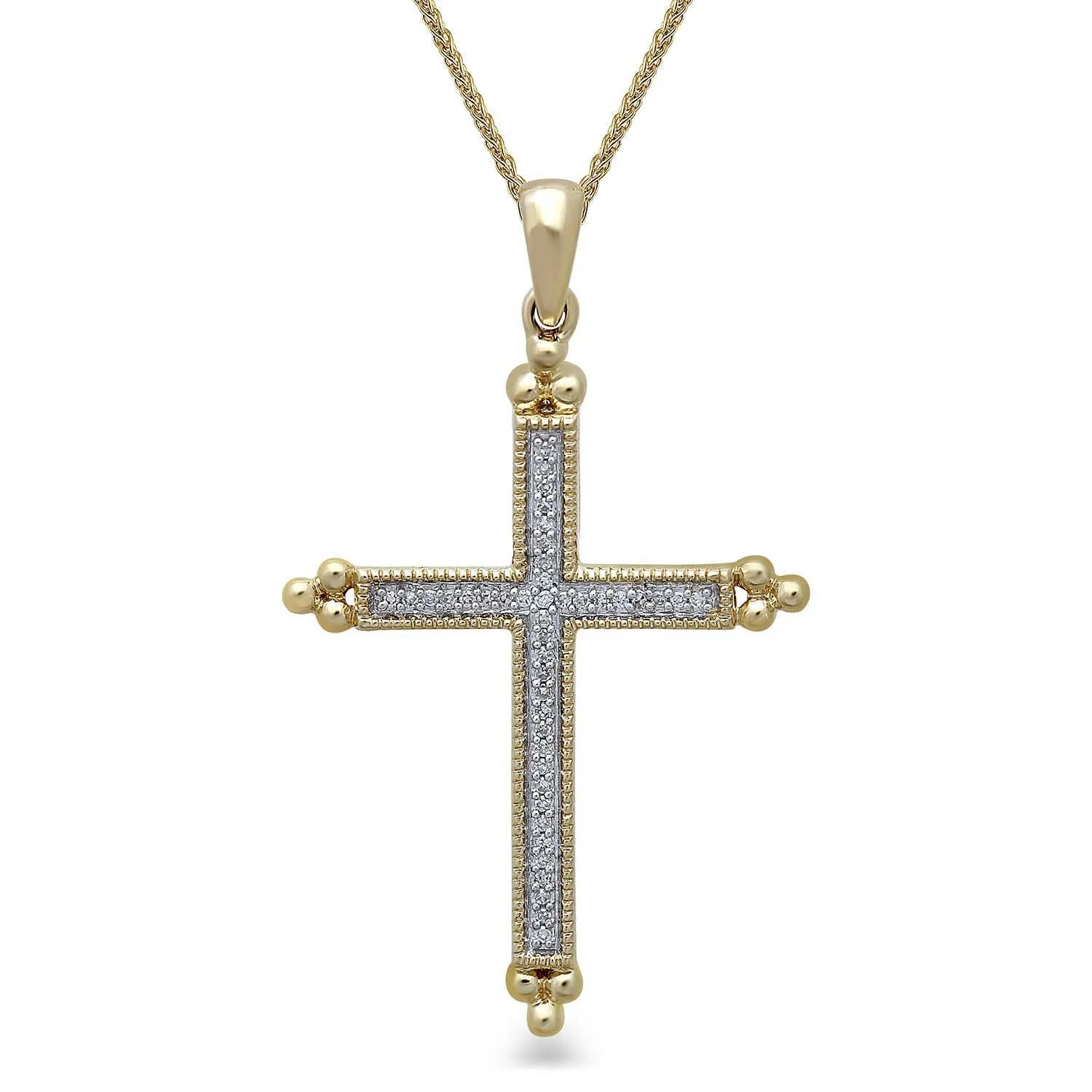 Jewelili 10K Yellow Gold with Natural White Diamonds Cross Pendant Necklace