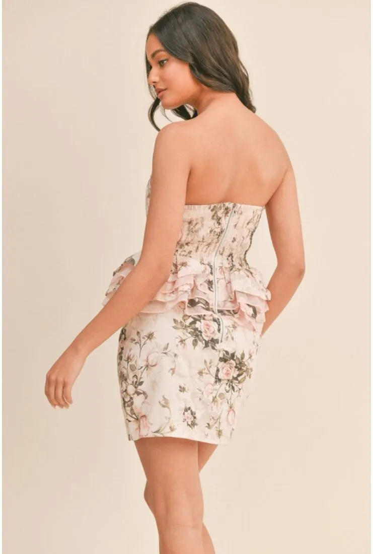 Mary Kate Floral Print Corset Ruffle Peplum Dress