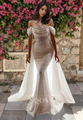 Mermaid Off Shoulder Pleats Boho Wedding Dress with Train