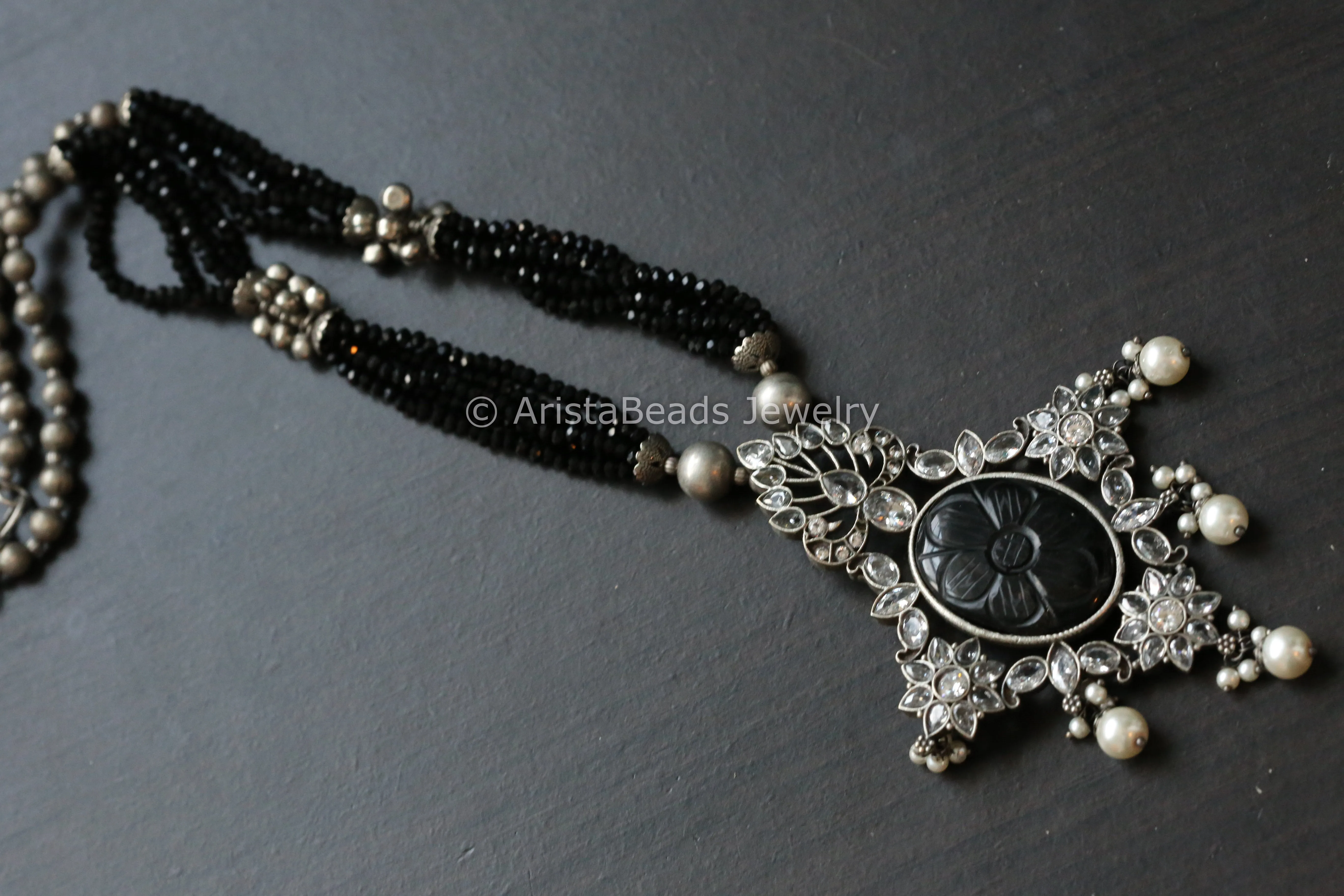 Oxidized Carved Stone Necklace  - Black