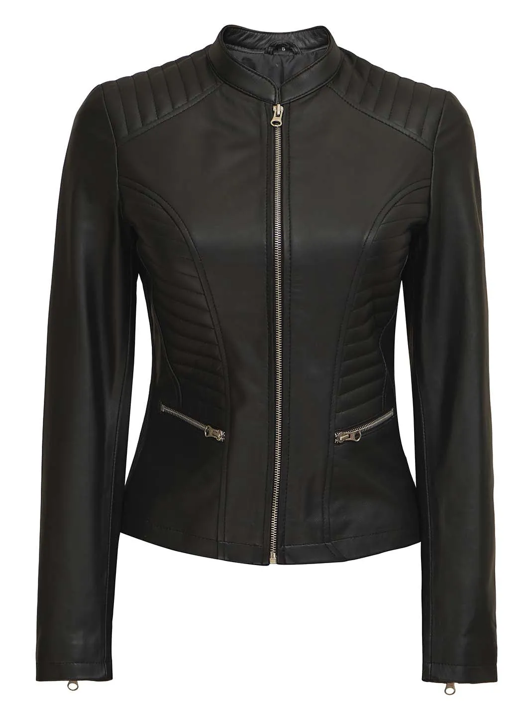 Rachel Womens Petite Black Cafe Racer Leather Jacket