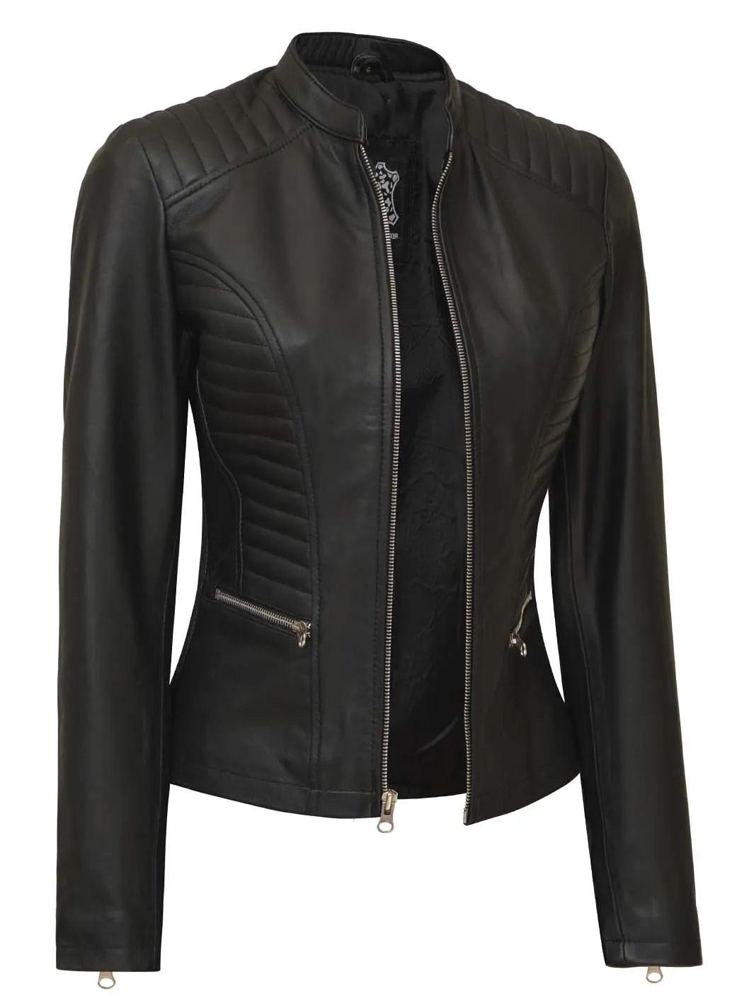 Rachel Womens Petite Black Cafe Racer Leather Jacket