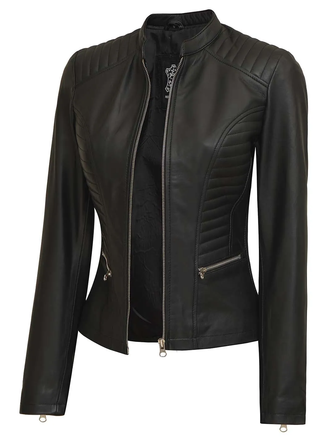 Rachel Womens Petite Black Cafe Racer Leather Jacket