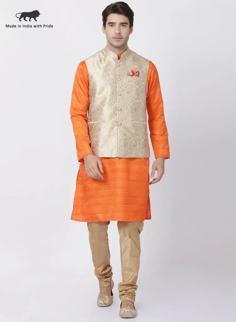 VASTRAMAY Men's Orange Cotton Silk Blend Kurta, Ethnic Jacket and Pyjama Set