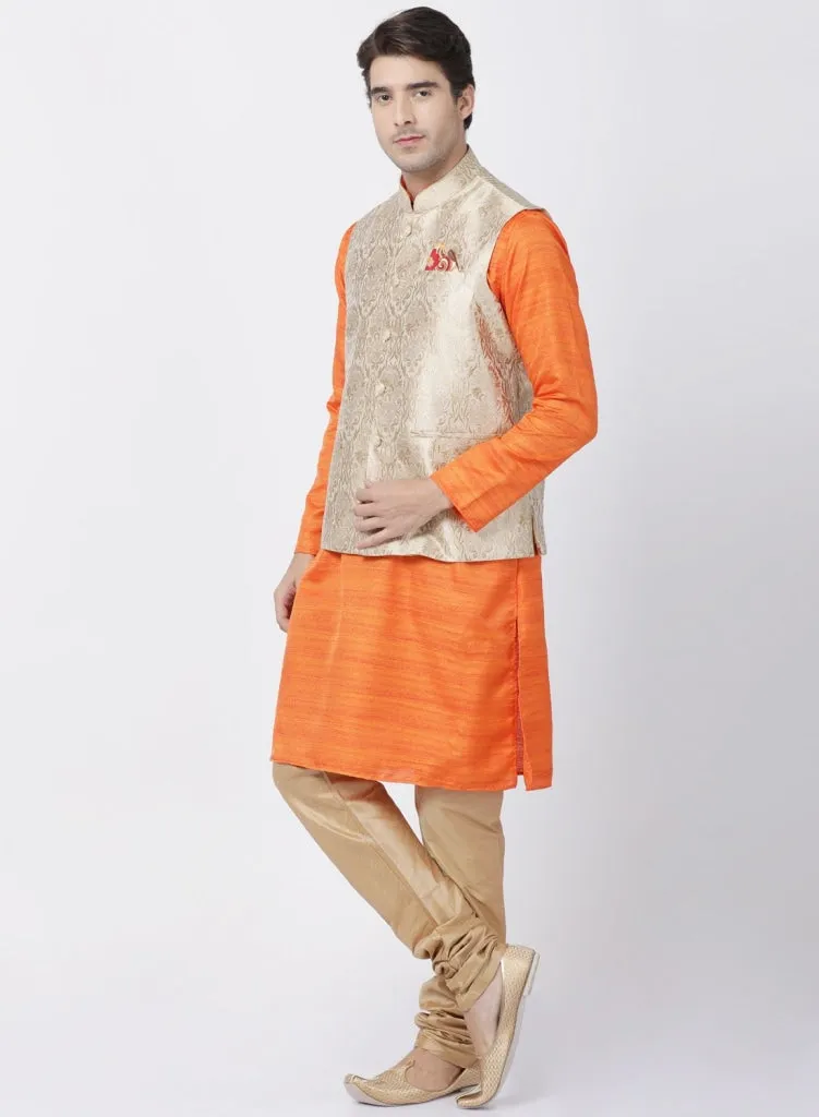 VASTRAMAY Men's Orange Cotton Silk Blend Kurta, Ethnic Jacket and Pyjama Set