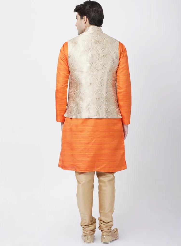 VASTRAMAY Men's Orange Cotton Silk Blend Kurta, Ethnic Jacket and Pyjama Set