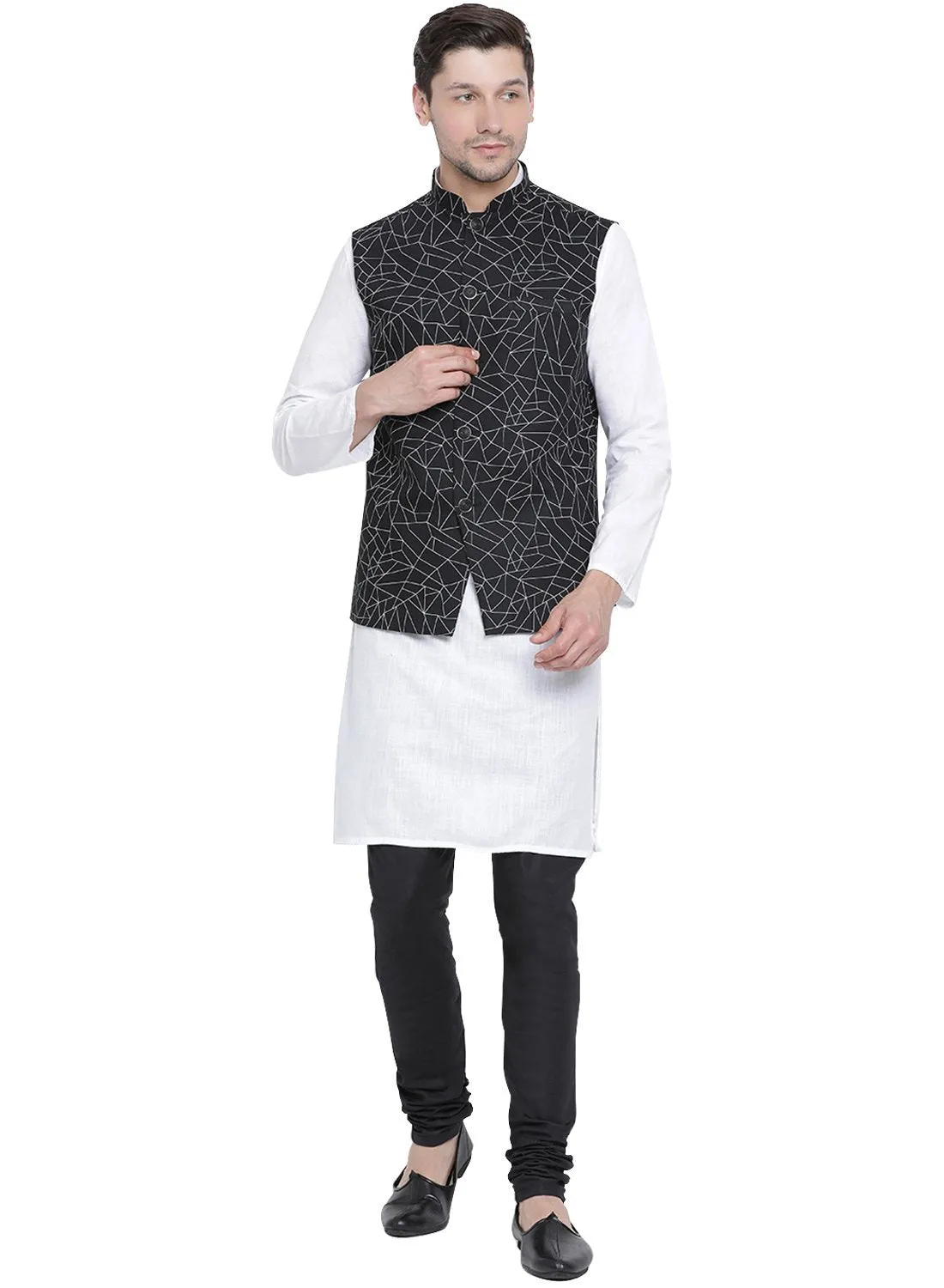 VASTRAMAY Men's White Cotton Blend Kurta, Ethnic Jacket and Pyjama Set