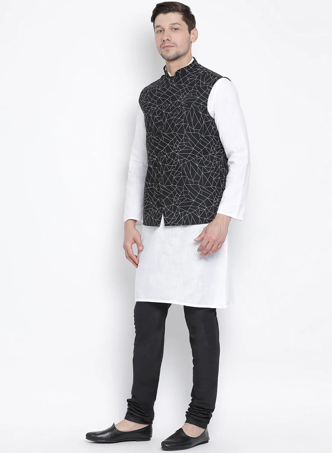 VASTRAMAY Men's White Cotton Blend Kurta, Ethnic Jacket and Pyjama Set